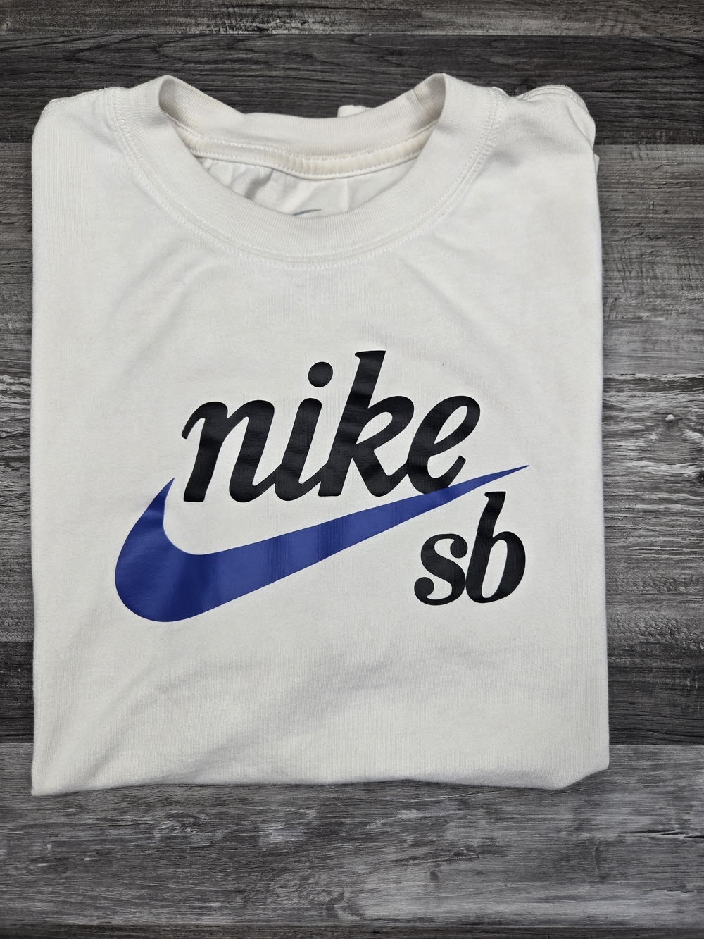 Nike SB White Short Sleeve Tee with Blue Swoosh and Black Logo Mens MED